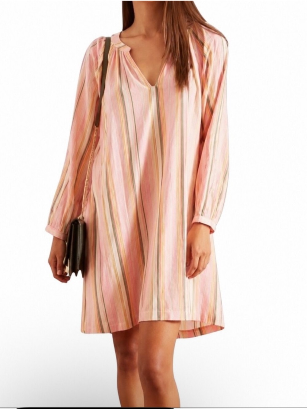Xirena Sabrine Striped Pink V-Neck Long Sleeve Shift Cotton Dress Size: M